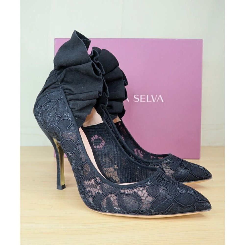 NWT Dahlia Selva Black Lace Pumps Frills For All Size 6 Euro 37 Italy MSRP $795 - Picture 1 of 13